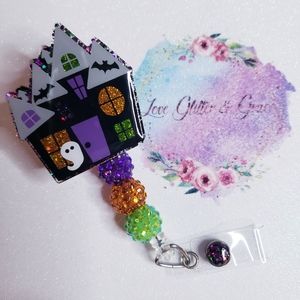 Haunted house badge reel, glitter, nurse, healthcare